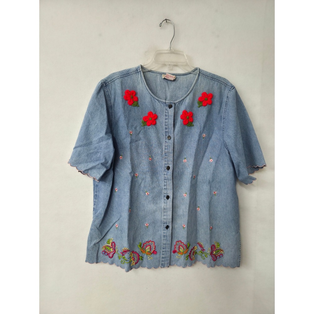 Vtg Toffee Apple XL Denim Shirt Blue Embroidered Floral Scalloped Hem Button Up